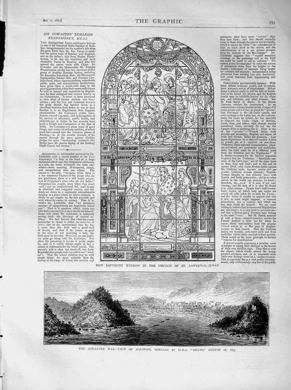 Original Old Antique Print 1873 Ashantee War Aquidah Ship Druid Church Jewry