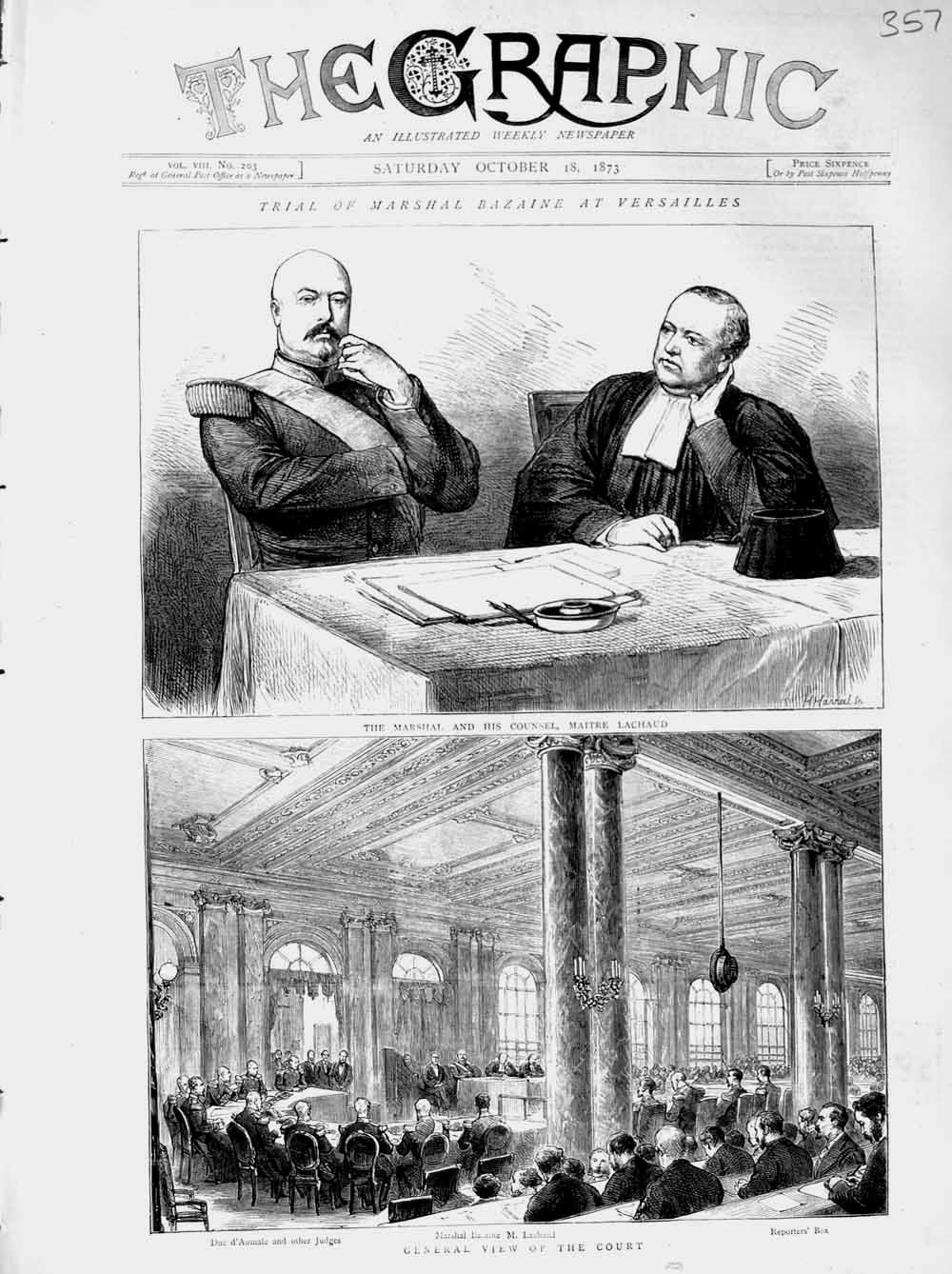 Original Old Antique Print 1873 Trail Marshal Bazaine Versailles Lachaud Court