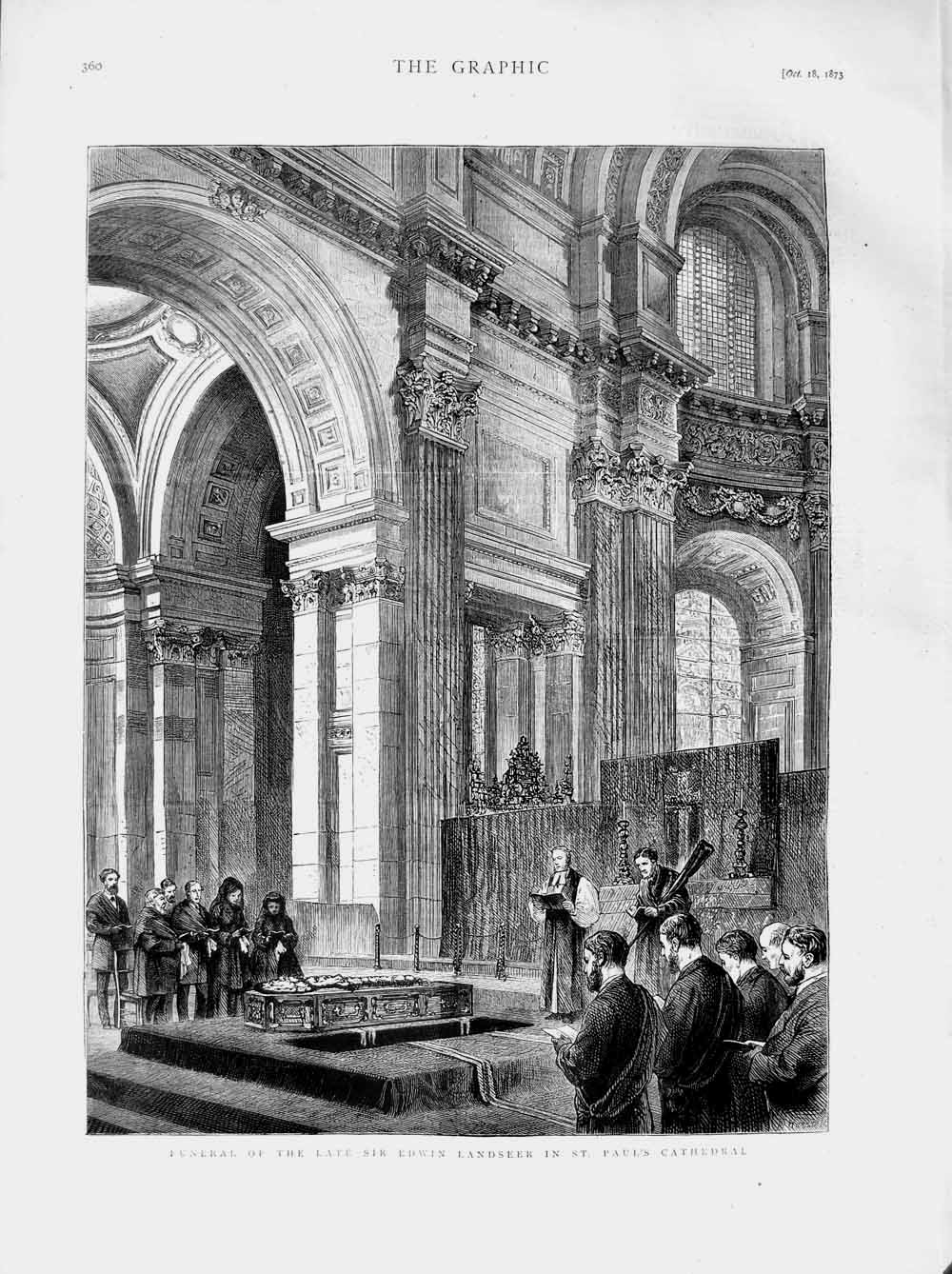 Original Old Antique Print 1873 Funeral Sir Edwin Landseer St. Paul'S Cathedral