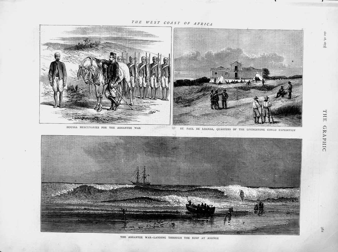 Original Old Antique Print 1873 Africa Ashantee War Assinee Loanda Livingstone
