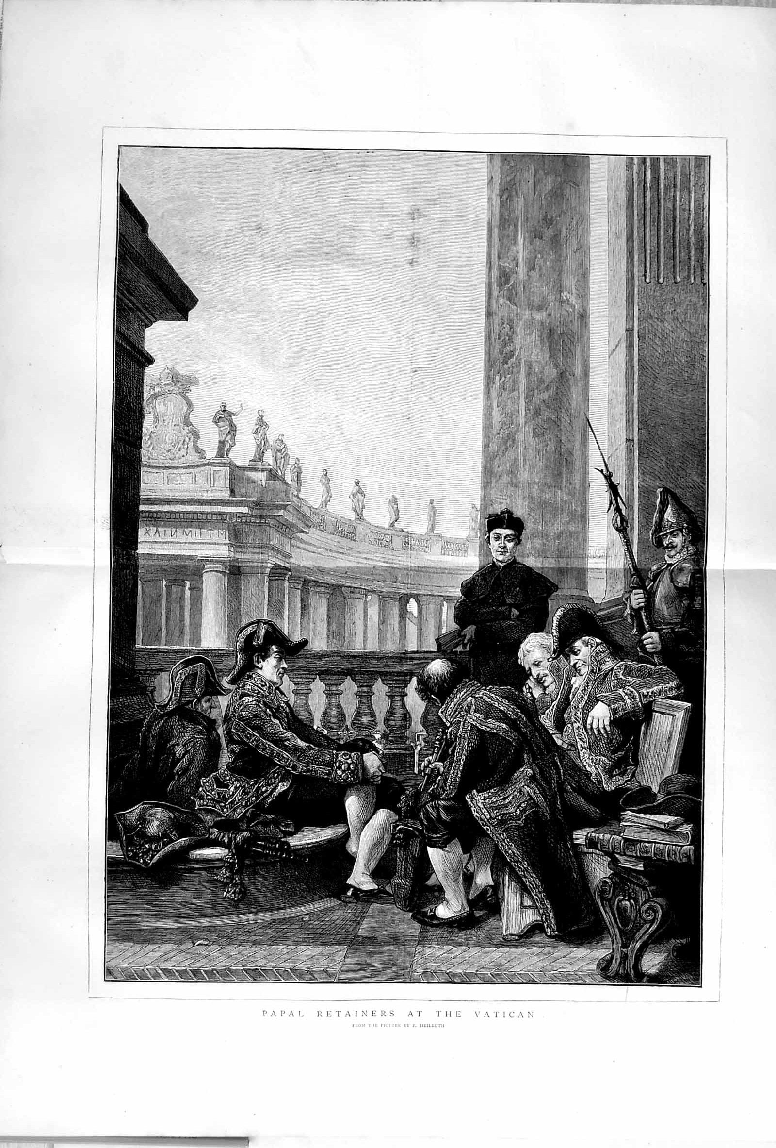 Original Old Antique Print 1873 Papal Retainers Vatican Italy Rome Heilbuth