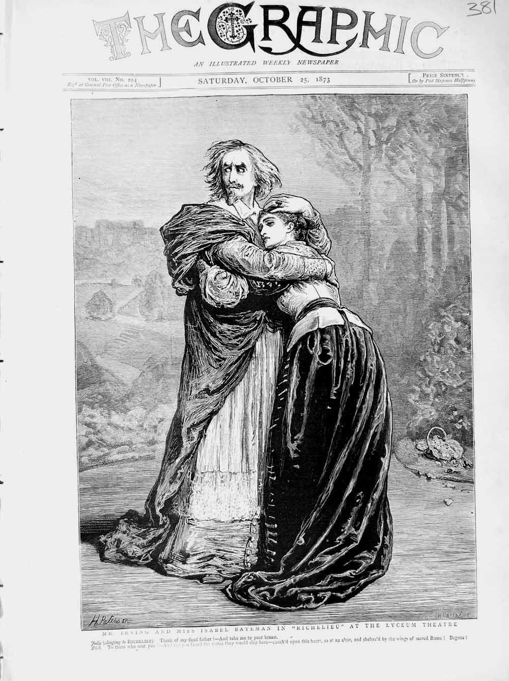 Original Old Antique Print 1873 Lyceum Theatre Irving Isabel Bateman Richelieu