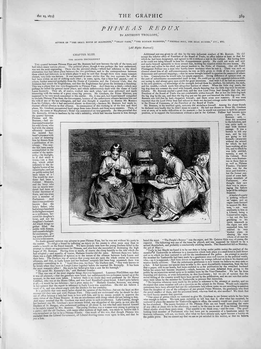 Original Old Antique Print 1873 Illustration Story Phineas Redux Ladies Sewing
