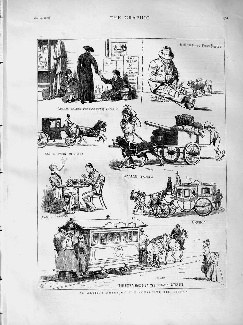 Old Antique Print 1873 Vienna Horse Train Bellaria Strasse Dogs Omnibus 19th