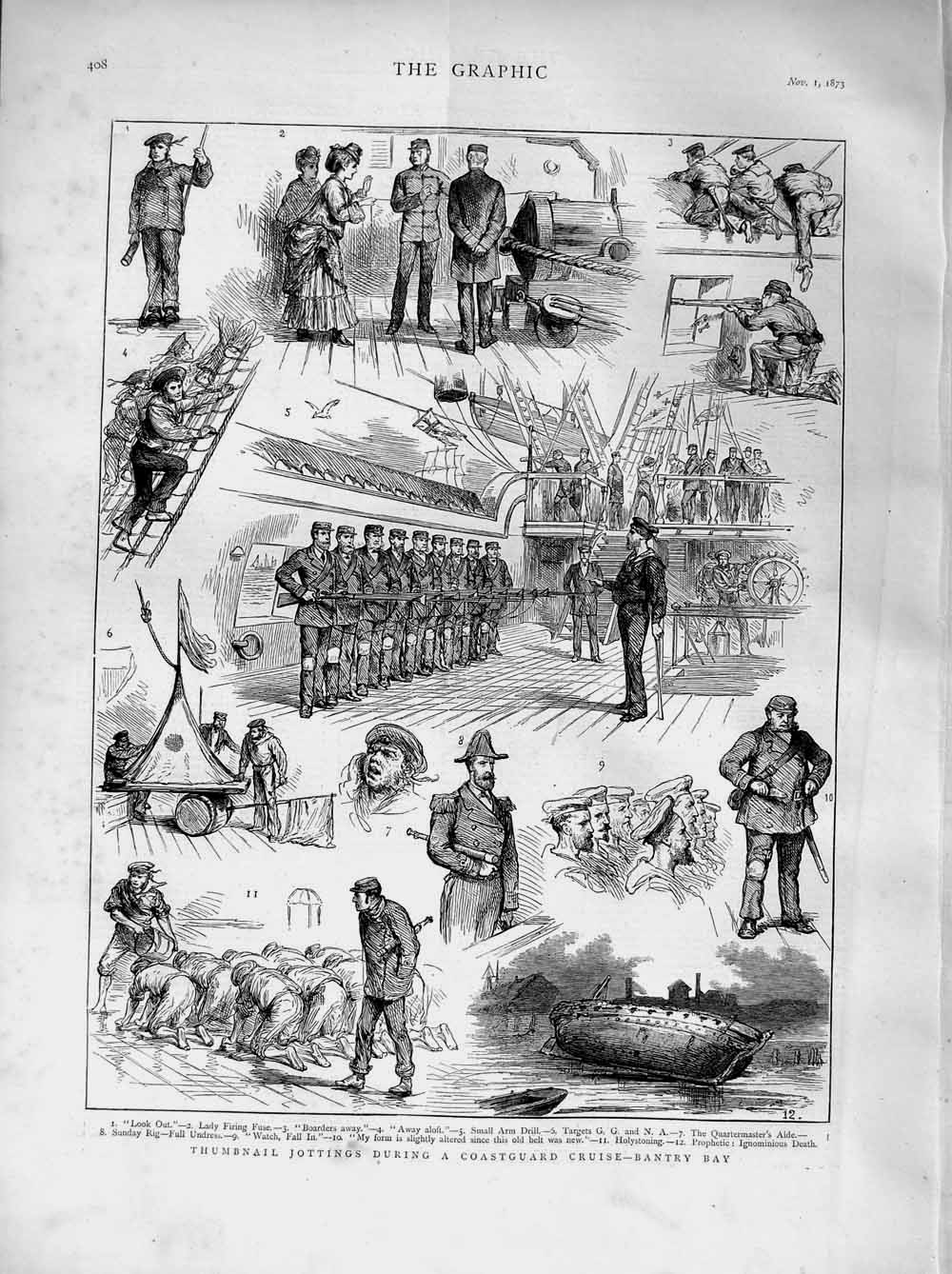 Original Old Antique Print 1873 Coastguard Cruise Bantry Bay Siers Boat Ship