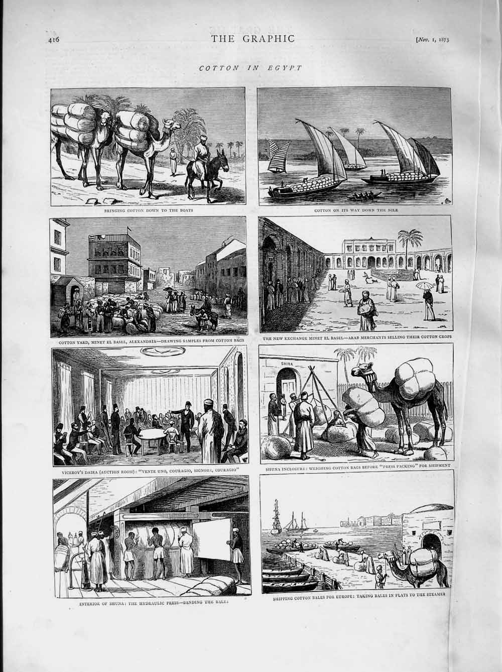 Original Old Antique Print 1873 Cotton Egypt Camel Nile Minet Basel Shuna Boats
