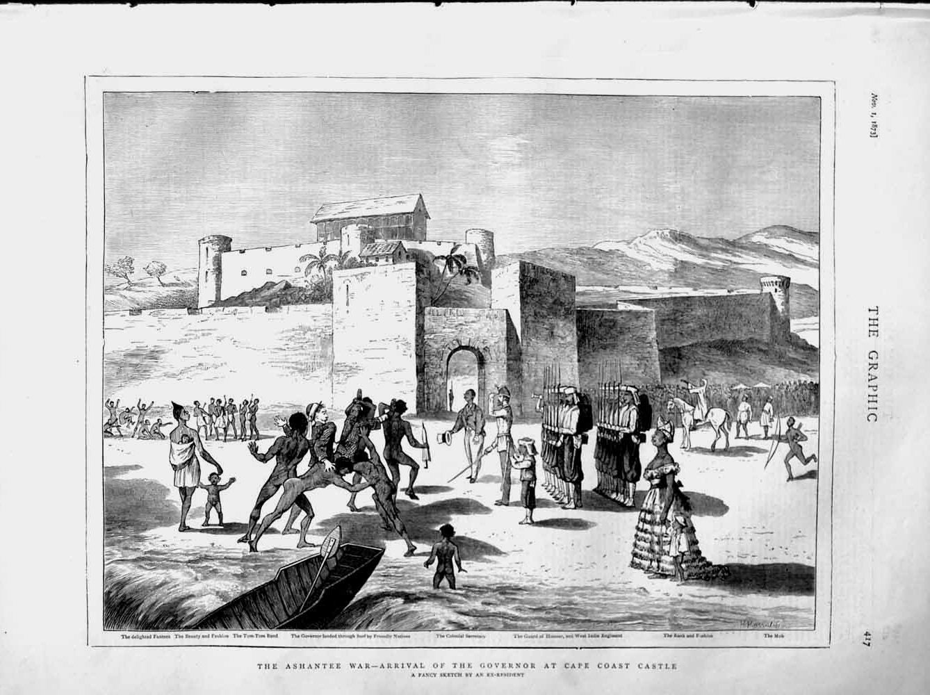 Original Old Antique Print 1873 Ashantee War Cape Coast Castle Governor Fantees