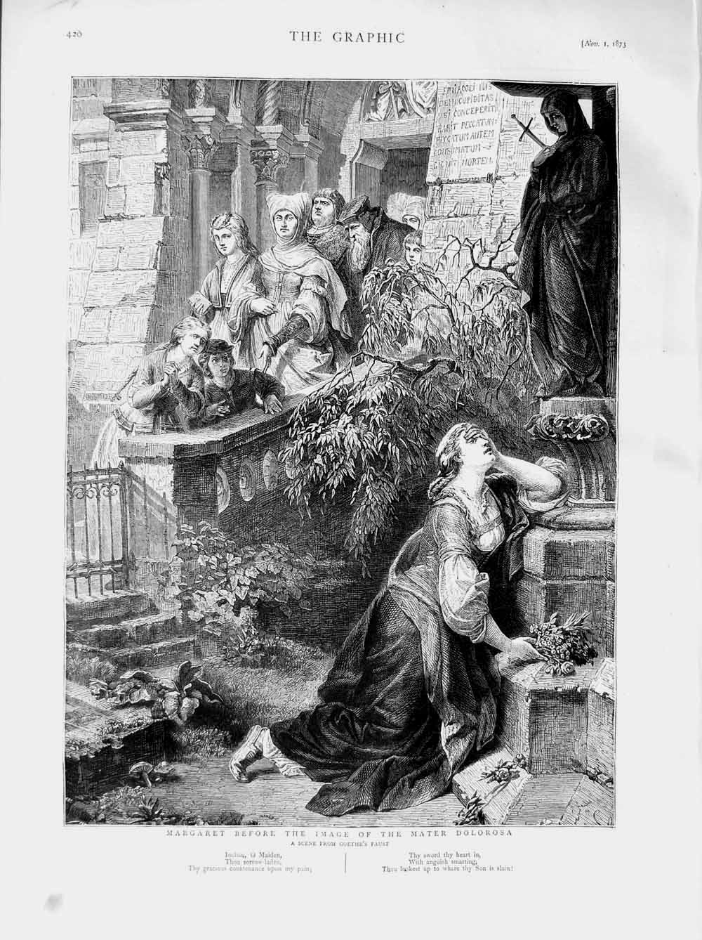 Original Old Antique Print 1873 Geothe Faust Margaret Image Mater Dolorosa 19th