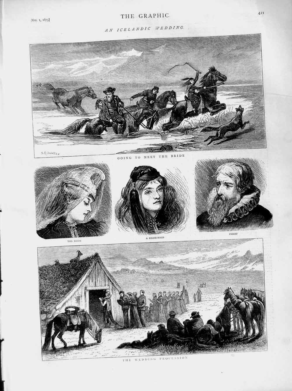 Old Antique Print 1873 Icelandic Wedding Procession Bride Priest Horses 19th