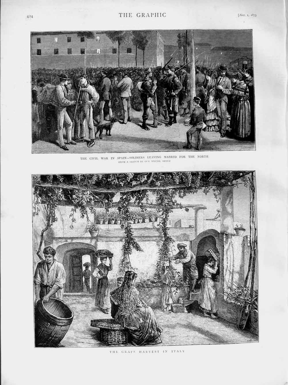 Original Old Antique Print 1873 Civil War Spain Sier Madrid Grape Harvest Italy