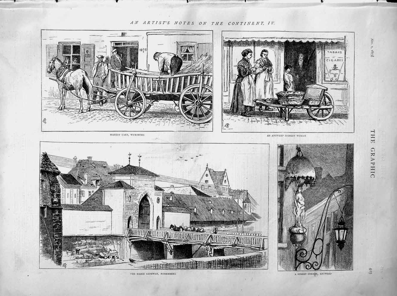 Old Antique Print 1873 Market Cart Wurzburg Marie Gate Nuremberg Antwerp 19th