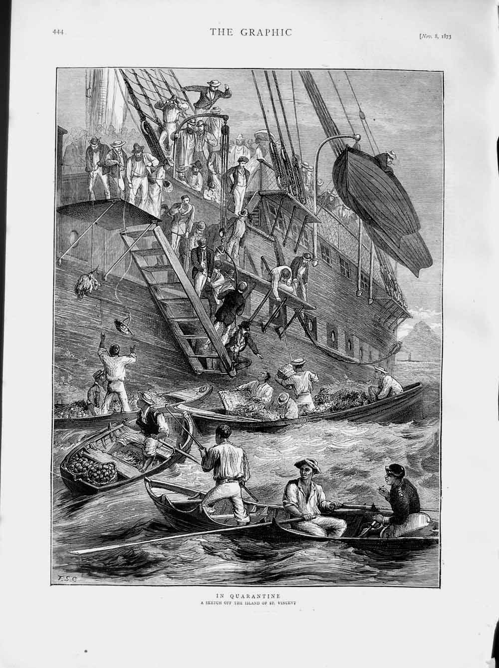Original Old Antique Print 1873 Island St. Vincent Ship Boat Passengers Sailing