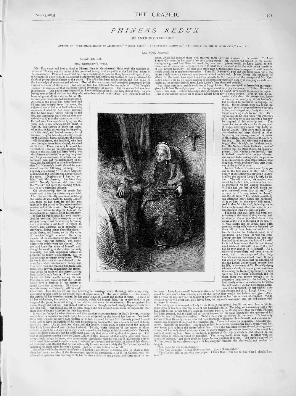 Original Old Antique Print 1873 Illustration Story Phineas Redux Lady Bed Man