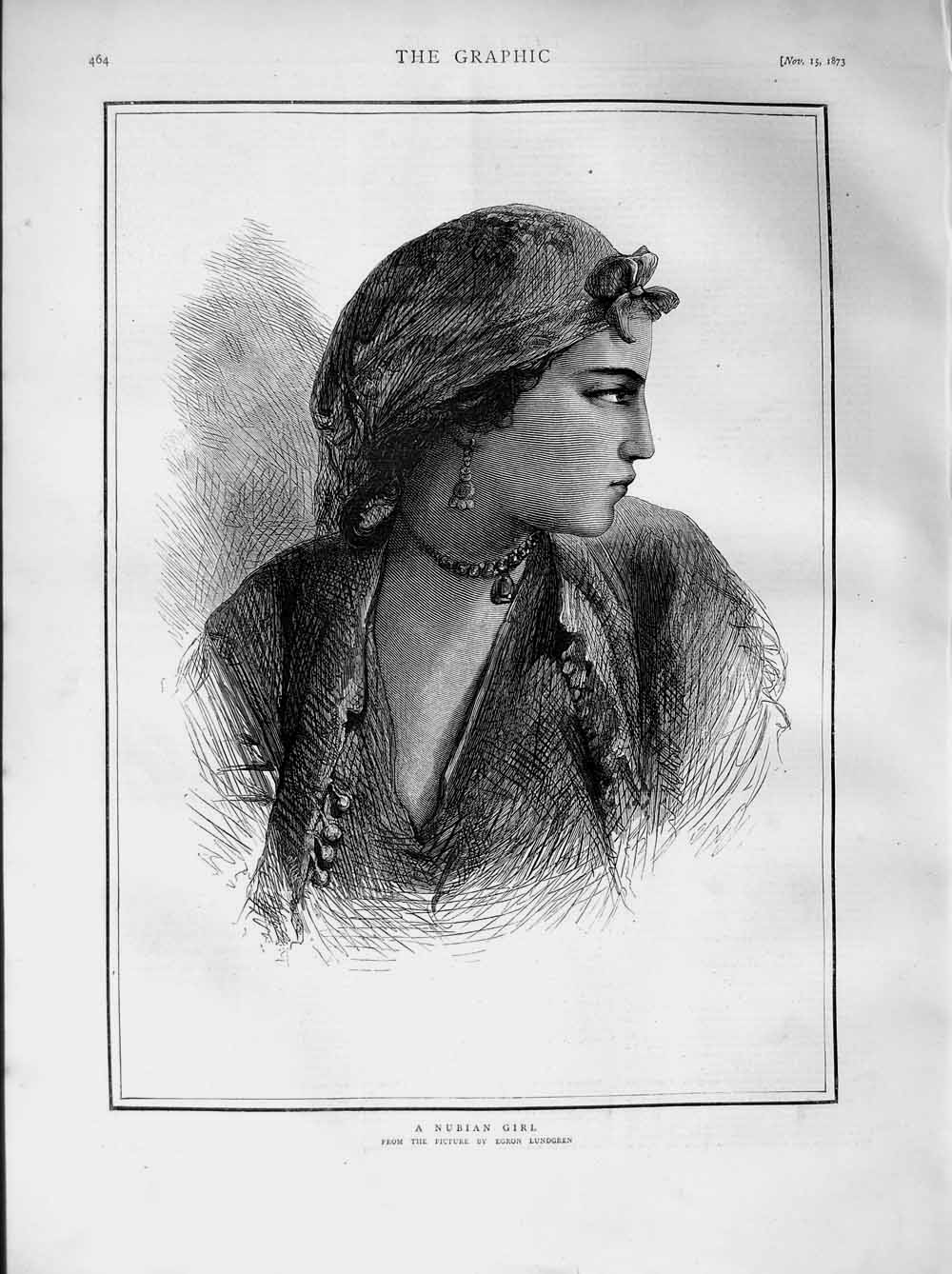 Original Old Antique Print 1873 Egron Lundgren Portrait Nubian Girl Victorian