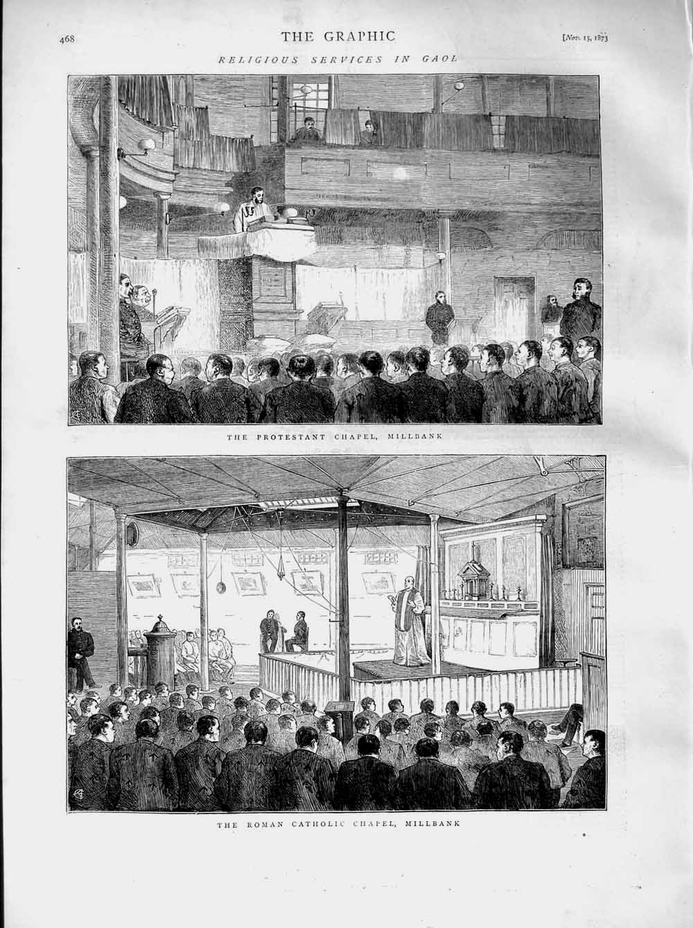 Original Old Antique Print 1873 Protestant Chapel Millbank Gaol Roman Catholic