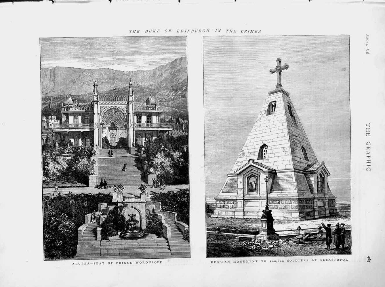 Old Antique Print 1873 Duke Edinburgh Crimea Alupka Woronzoff Sebastopol 19th
