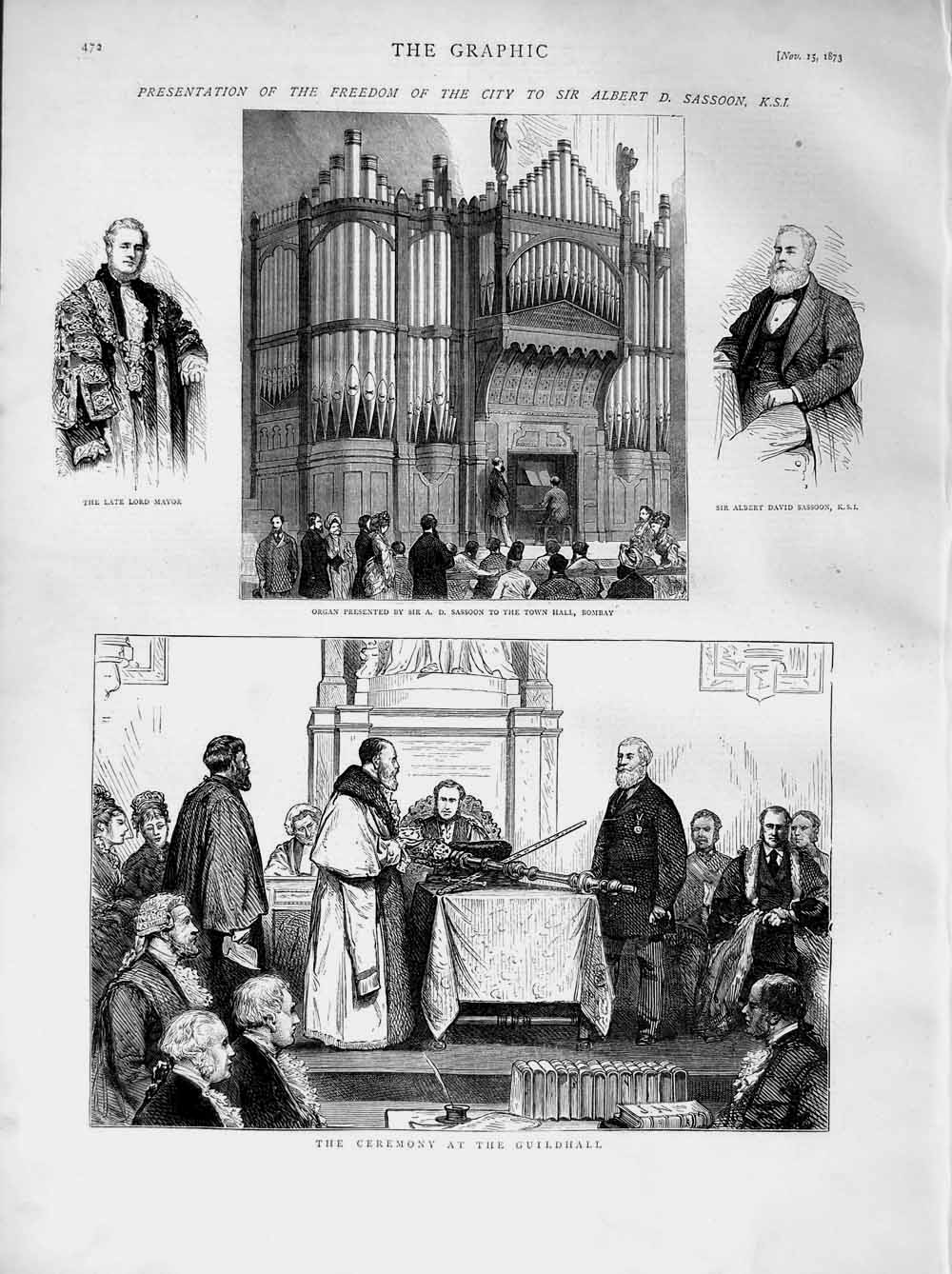 Old Antique Print 1873 Albert Sassoon Freedom City Guildhall Lord Mayor 19th