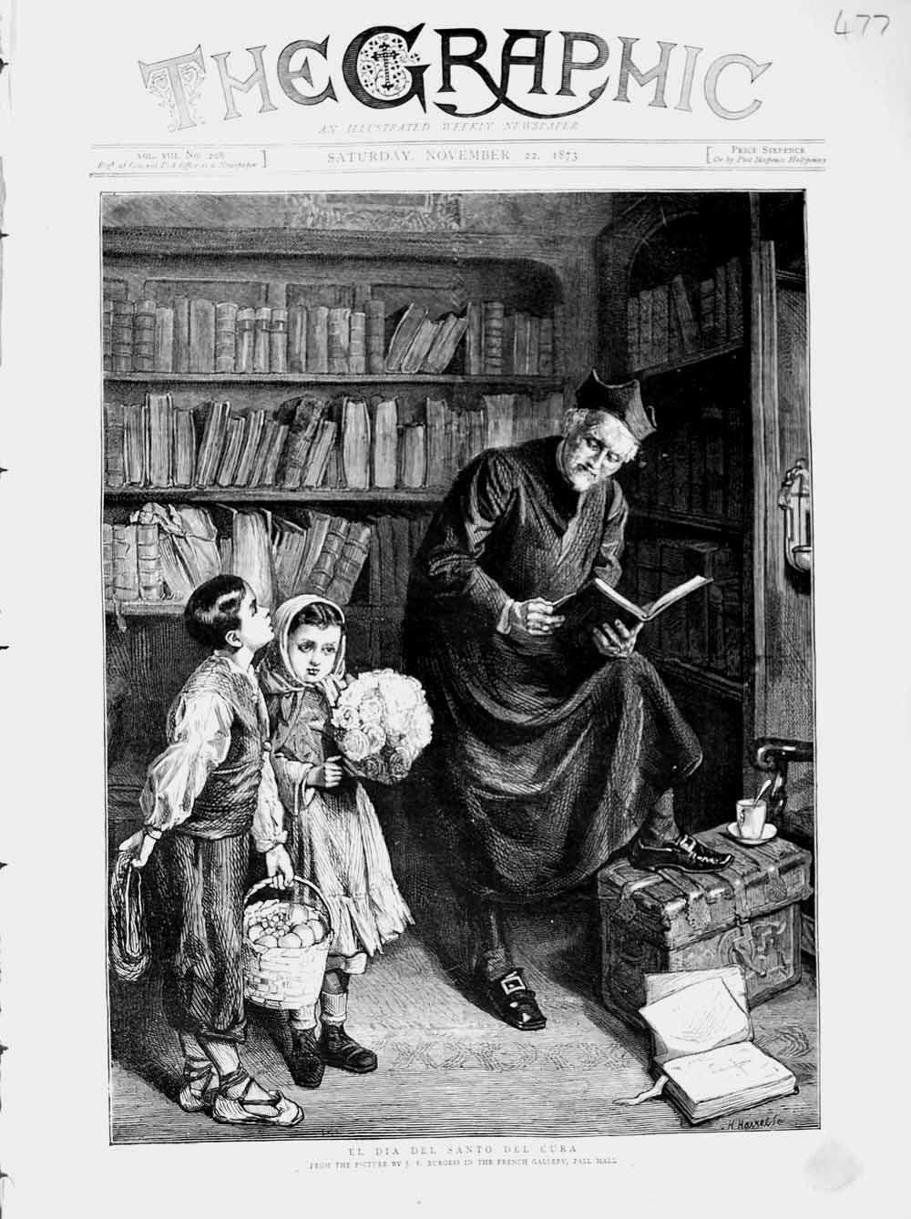 Original Old Antique Print 1873 El Dia Del Santo Del Cura Children Man Books