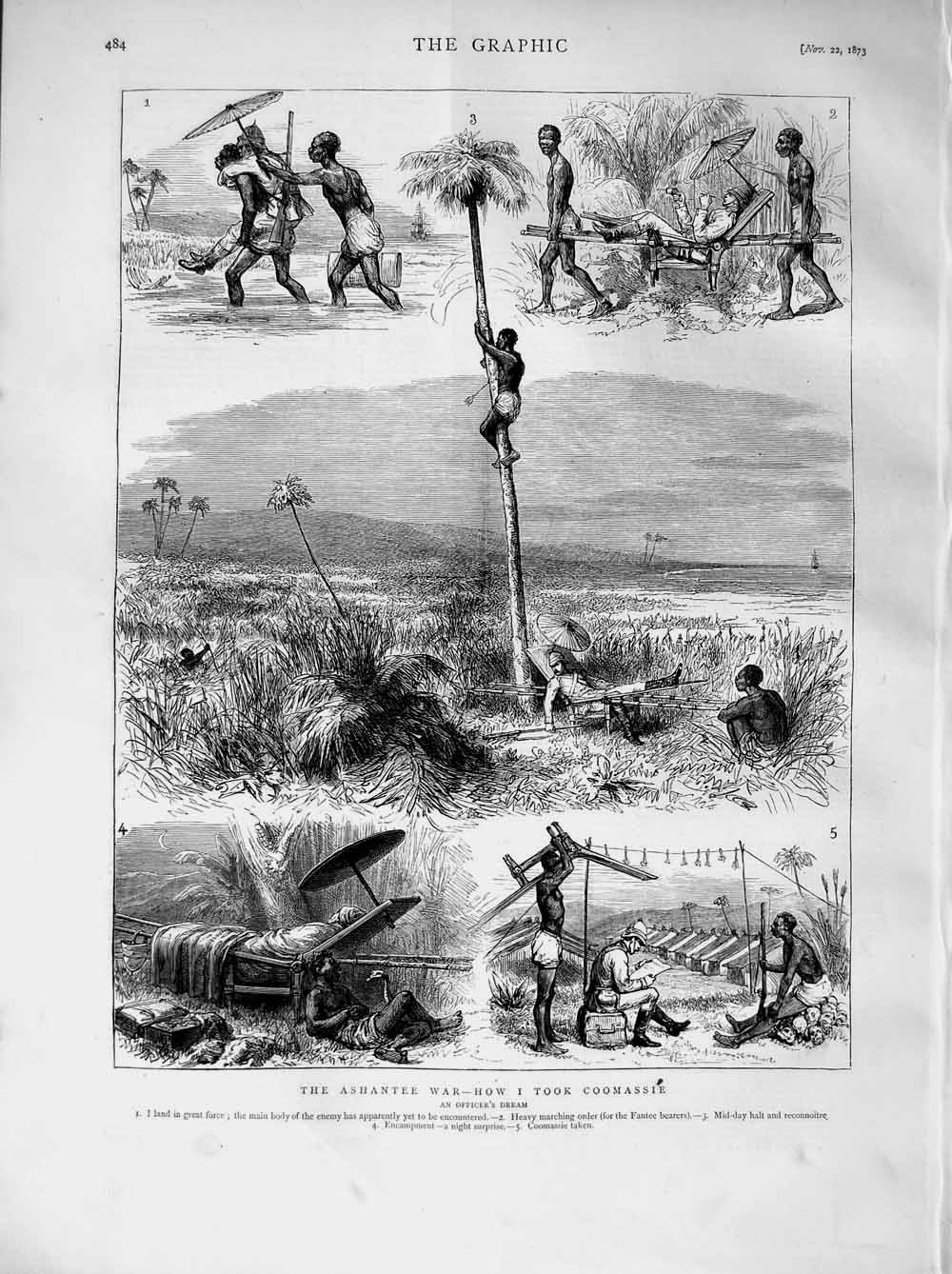 Original Old Antique Print 1873 Ashantee War Coomassie Natives Fantee Bearers