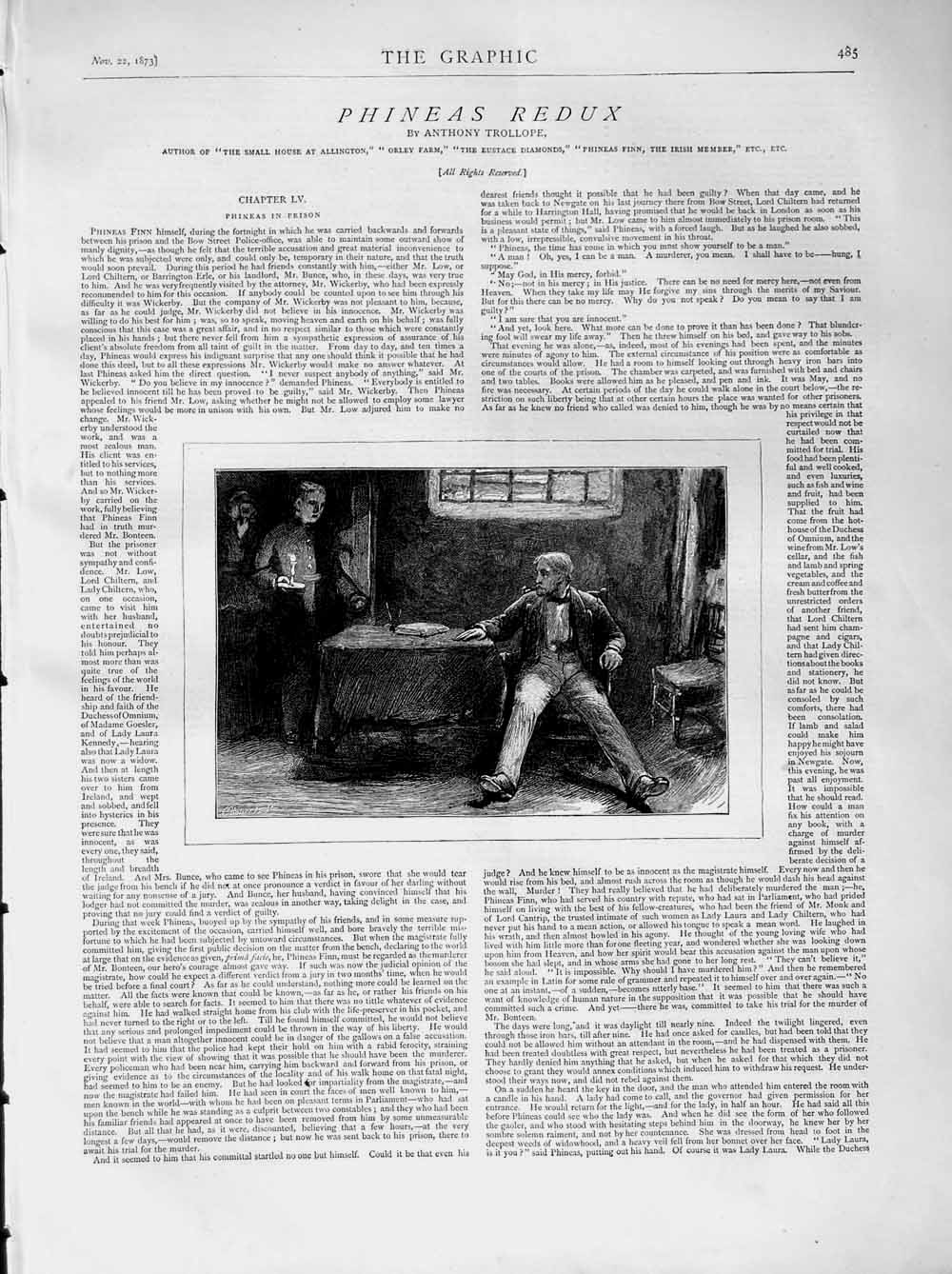 Old Antique Print 1873 Illustration Story Phineas Redux Men Table Candle 19th