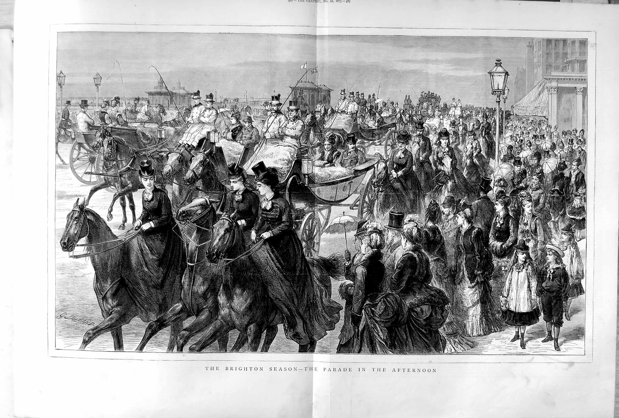 Original Old Antique Print 1873 Brighton Parade Horses Carriage Beach Children