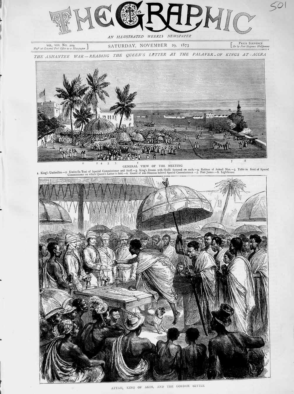 Old Antique Print 1873 Ashantee War Attah King Akim Gordon Setter James 19th