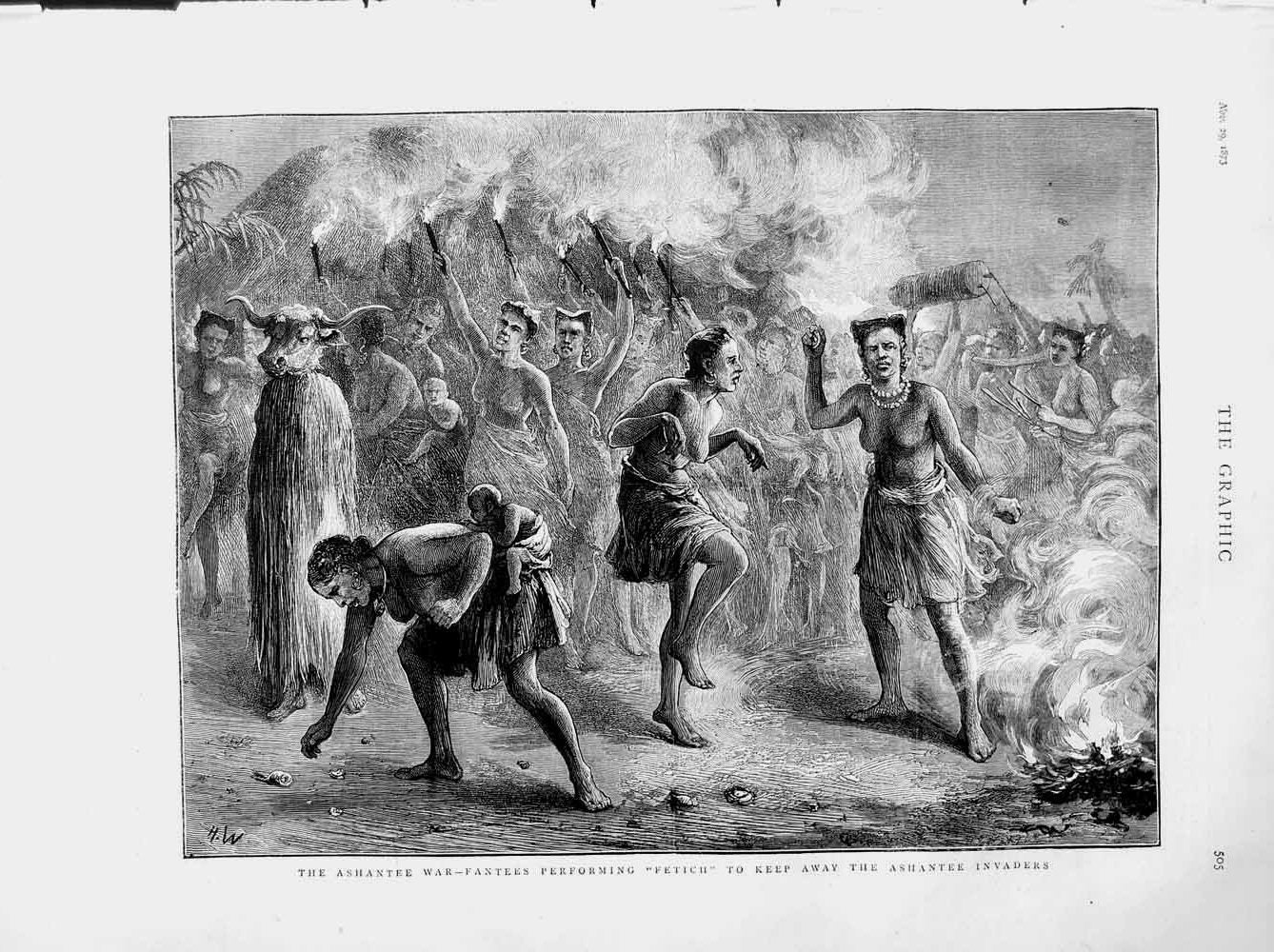 Old Antique Print 1873 Ashantee War Fantee Native Dance Ladies Children 19th