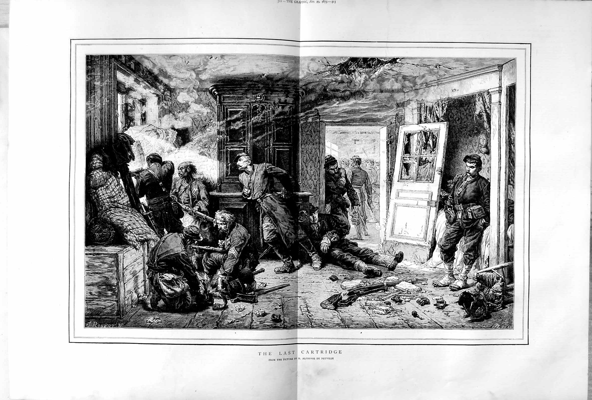 Original Old Antique Print 1873 Alphonse Neuville War Siers Battle Guns House