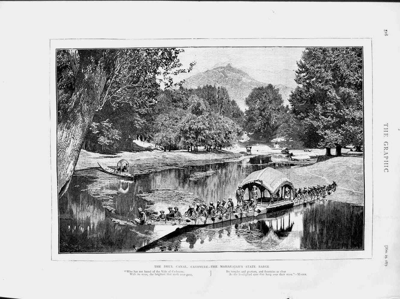 Original Old Antique Print 1873 Dhul Canal Cashmere Maharajah State Barge 19th