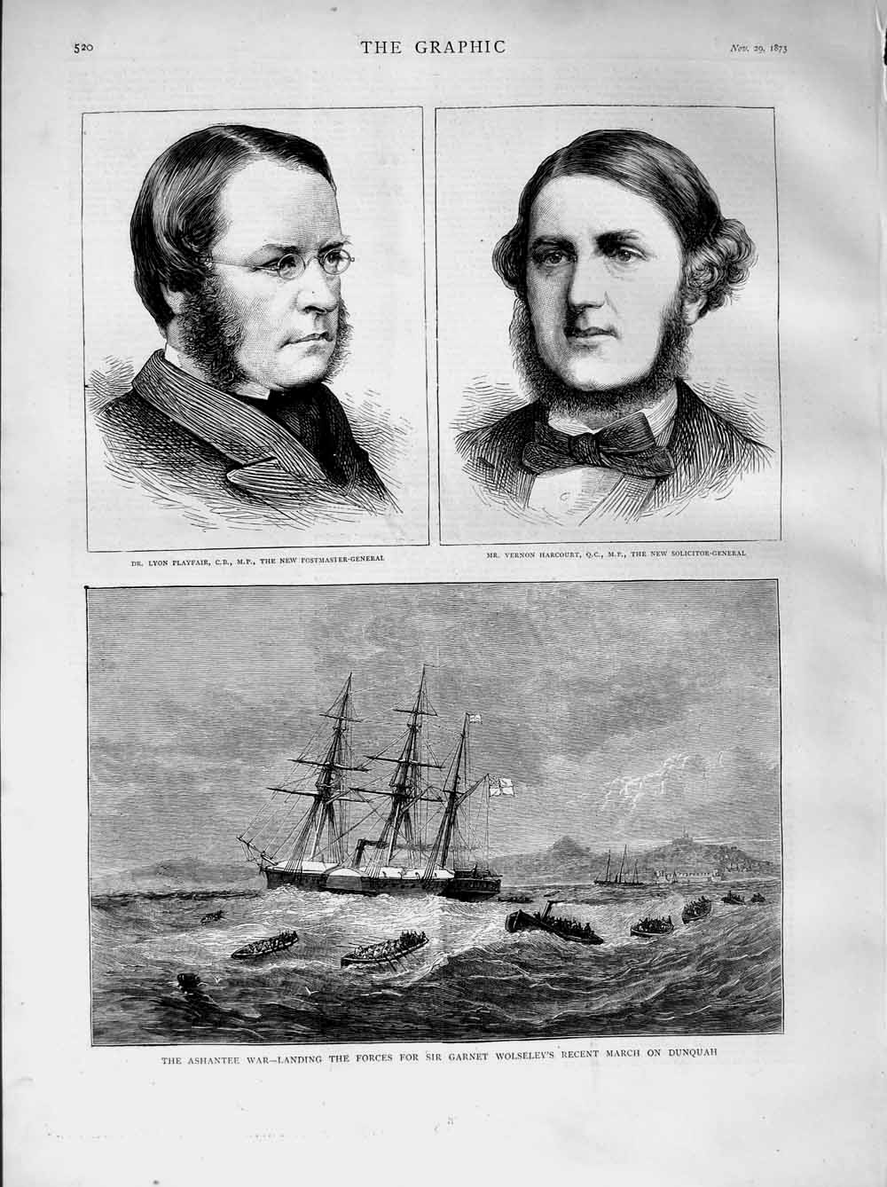 Old Antique Print 1873 Ashantee War Wolseley Ship Dunquah Playfair Vernon 19th