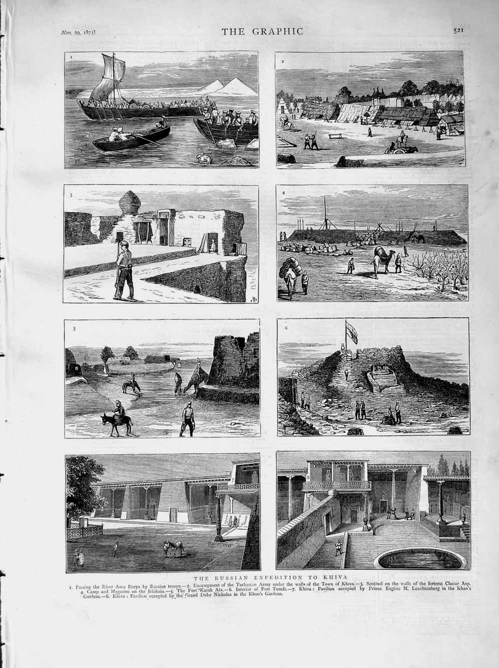 Original Old Antique Print 1873 Russian Expedition Khiva Fortress Chasar Fort