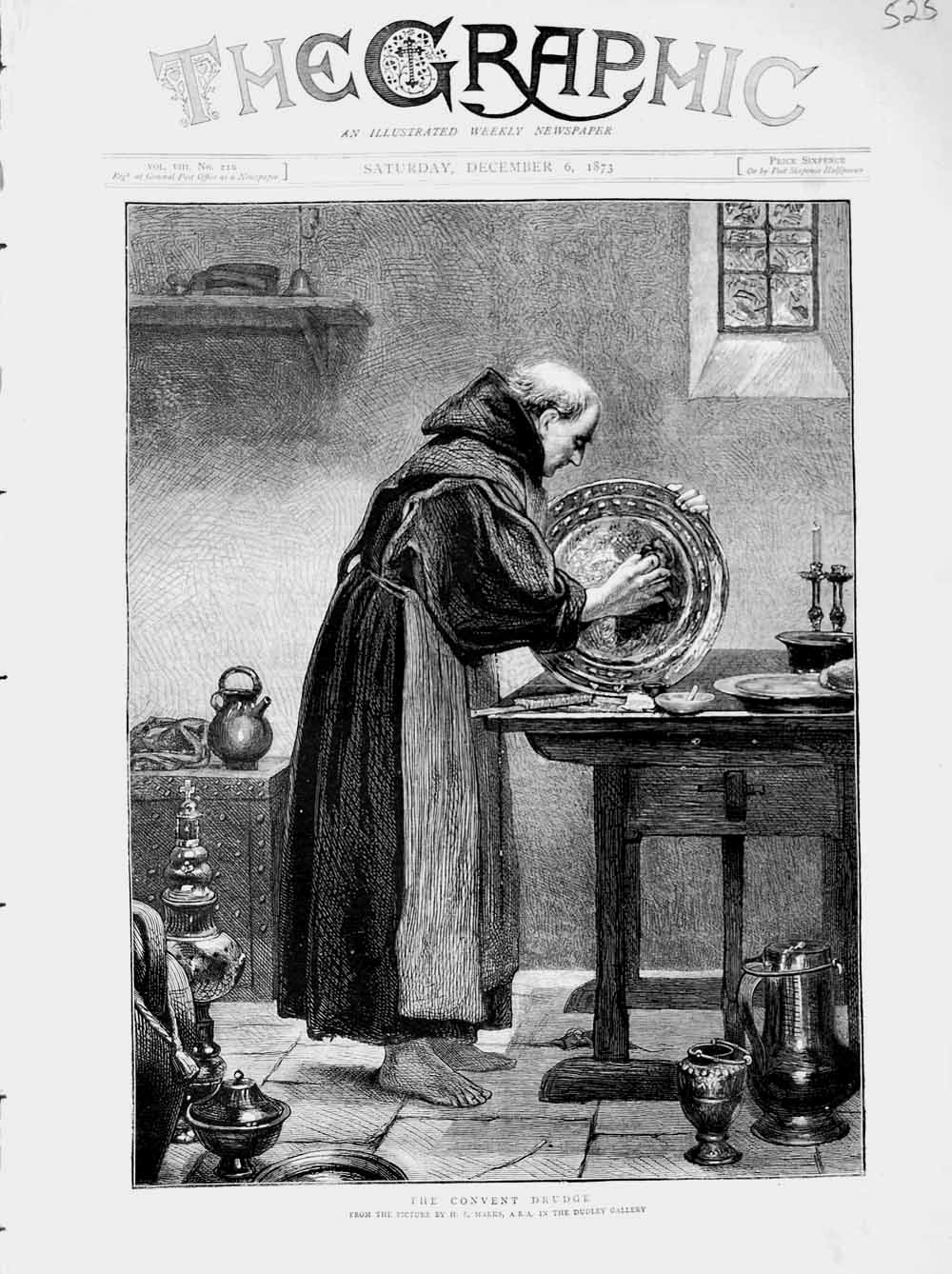 Original Old Antique Print 1873 Marks Dudley Gallery Monk Convent Working 19th