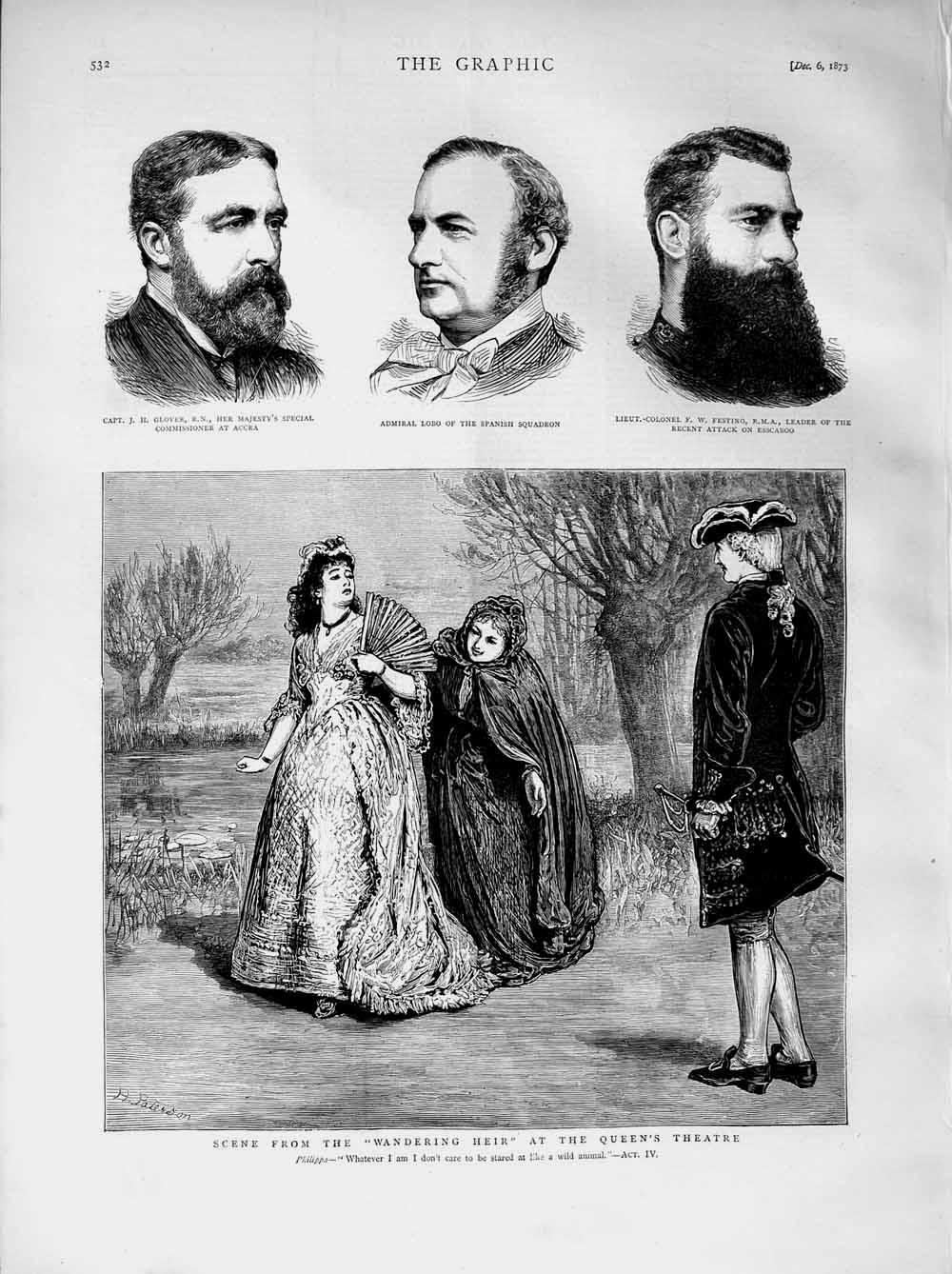 Old Antique Print 1873 Queen'S Theatre Wandering Heirglover Lobo Festing 19th