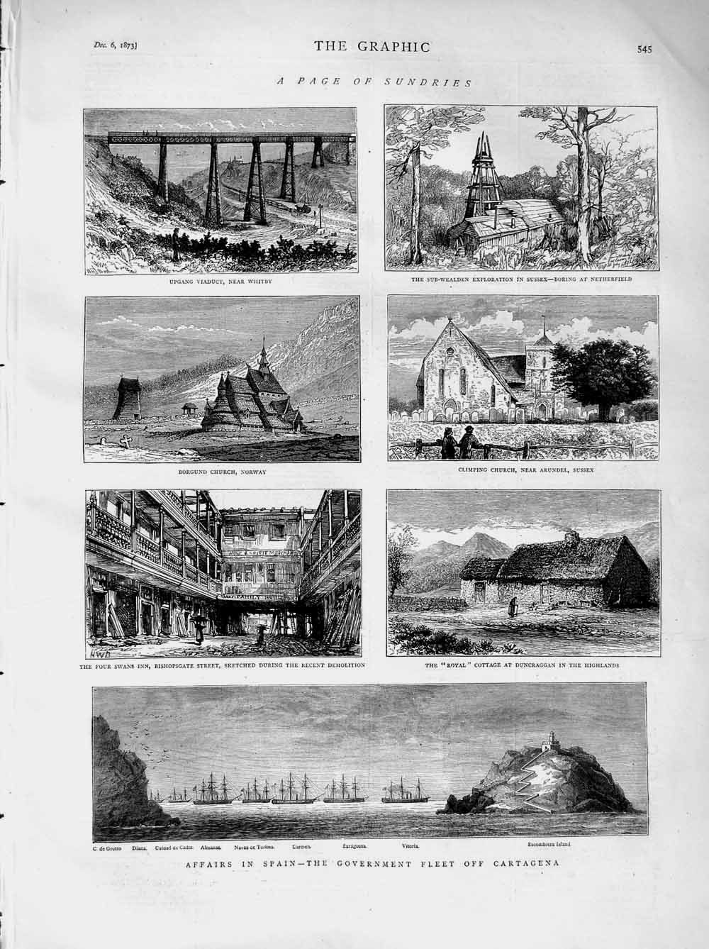Old Antique Print 1873 Whitby Netherfield Norway Church Ships Duncraggan 19th