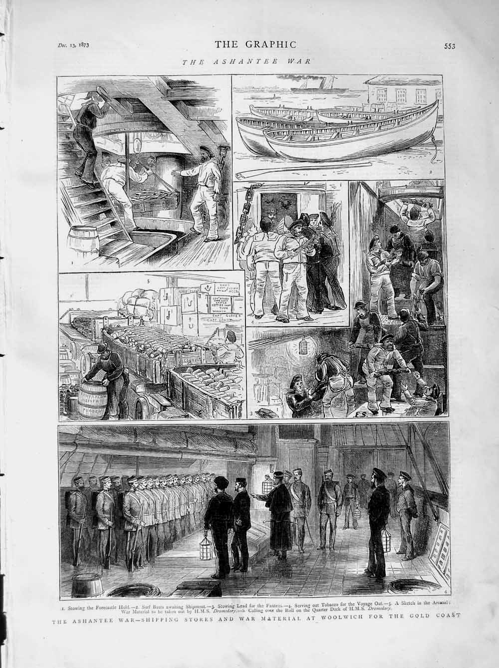 Original Old Antique Print 1873 Ashantee War Shiiping Woolwich Forecastle H 19th