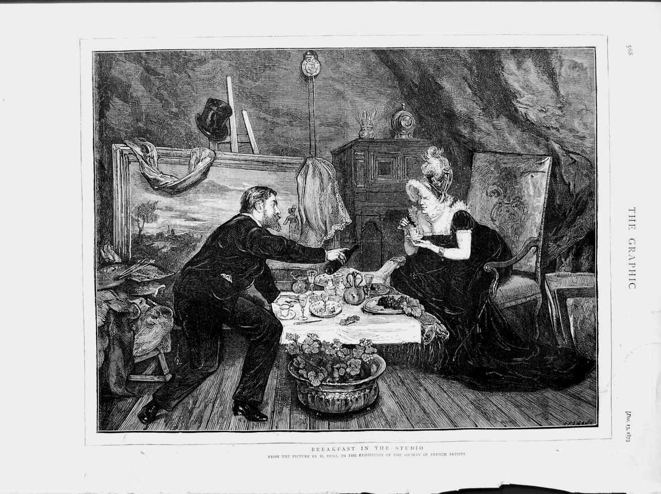 Original Old Antique Print 1873 Fine Art Breakfast Studio Man Woman Romance