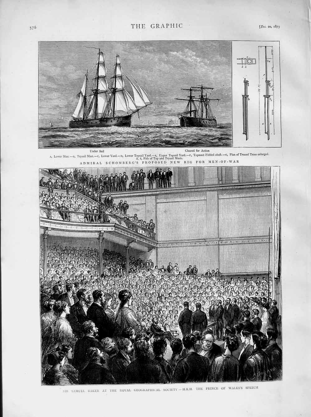 Original Old Antique Print 1873 Schomberg Ship Samuel Baker Prince Wales Royal