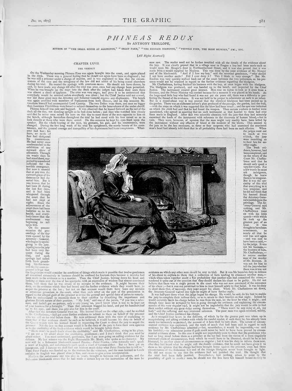 Old Antique Print 1873 Illustration Story Phineas Redux Woman Fire-Side 19th