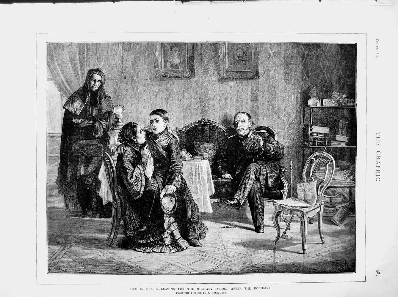 Original Old Antique Print 1873 Life Russia Military School Young Boy Family