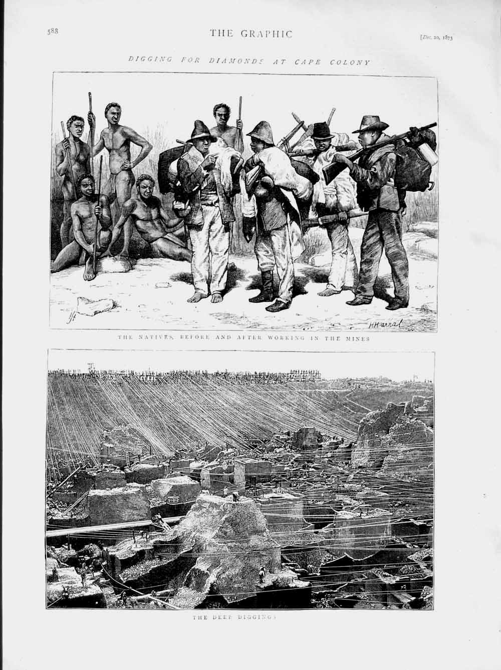 Old Antique Print 1873 Digging Diamonds Cape Colony Natives Mining Mines 19th