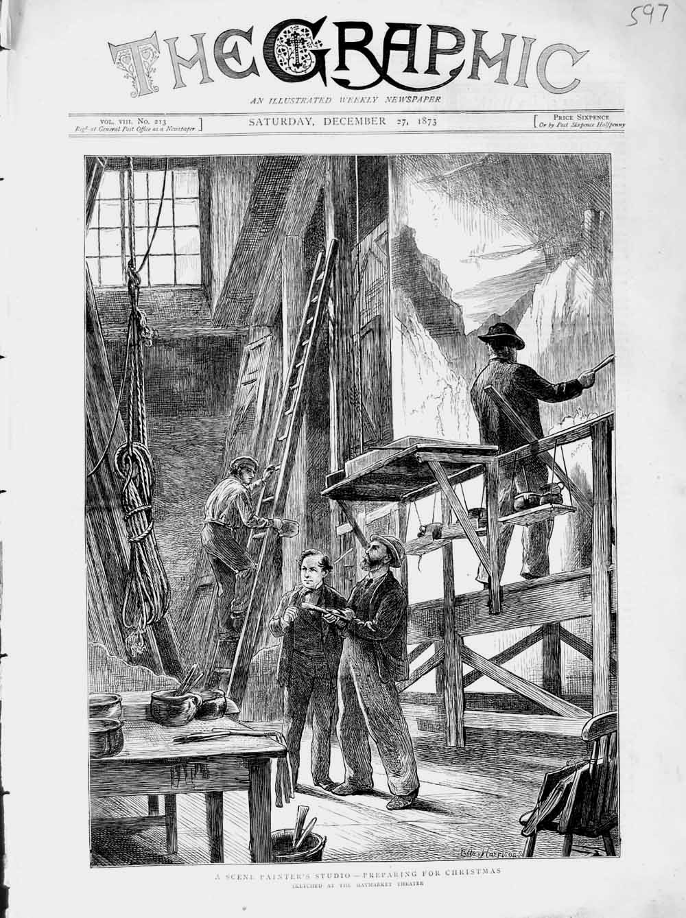 Old Antique Print 1873 Scene Painter'S Studio Haymarket Theatre Christmas 19th