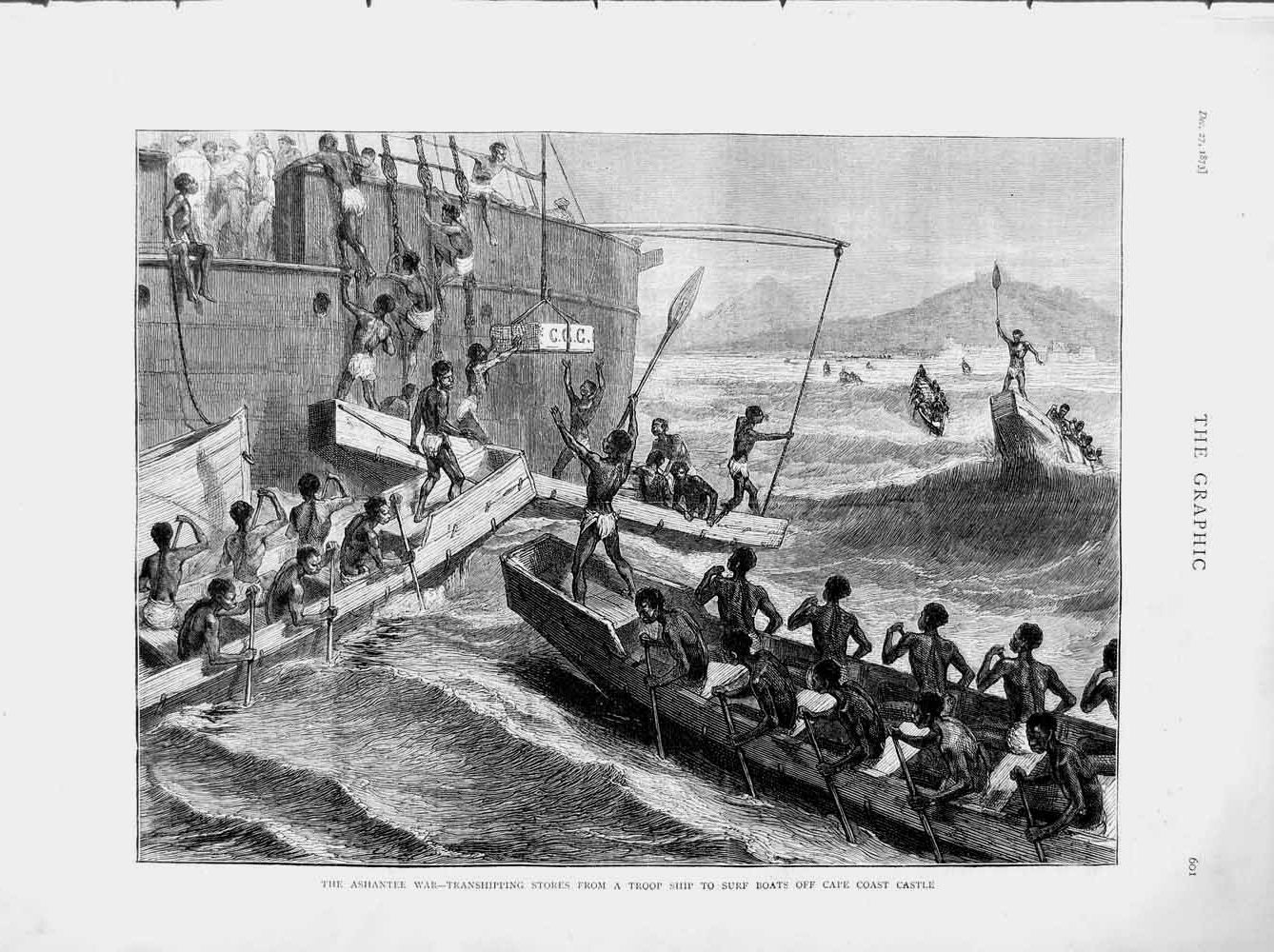 Old Antique Print 1873 Ashantee War Transhipping Troop Ship Coast Castle 19th