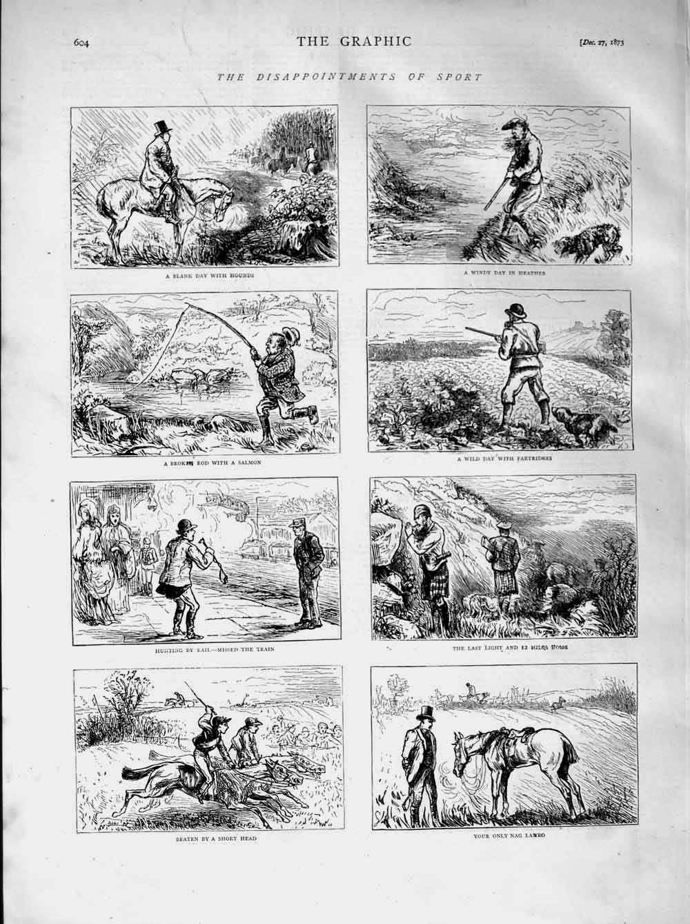Old Antique Print 1873 Sport Hunting Horses Fishing Salmon Train Railway 19th
