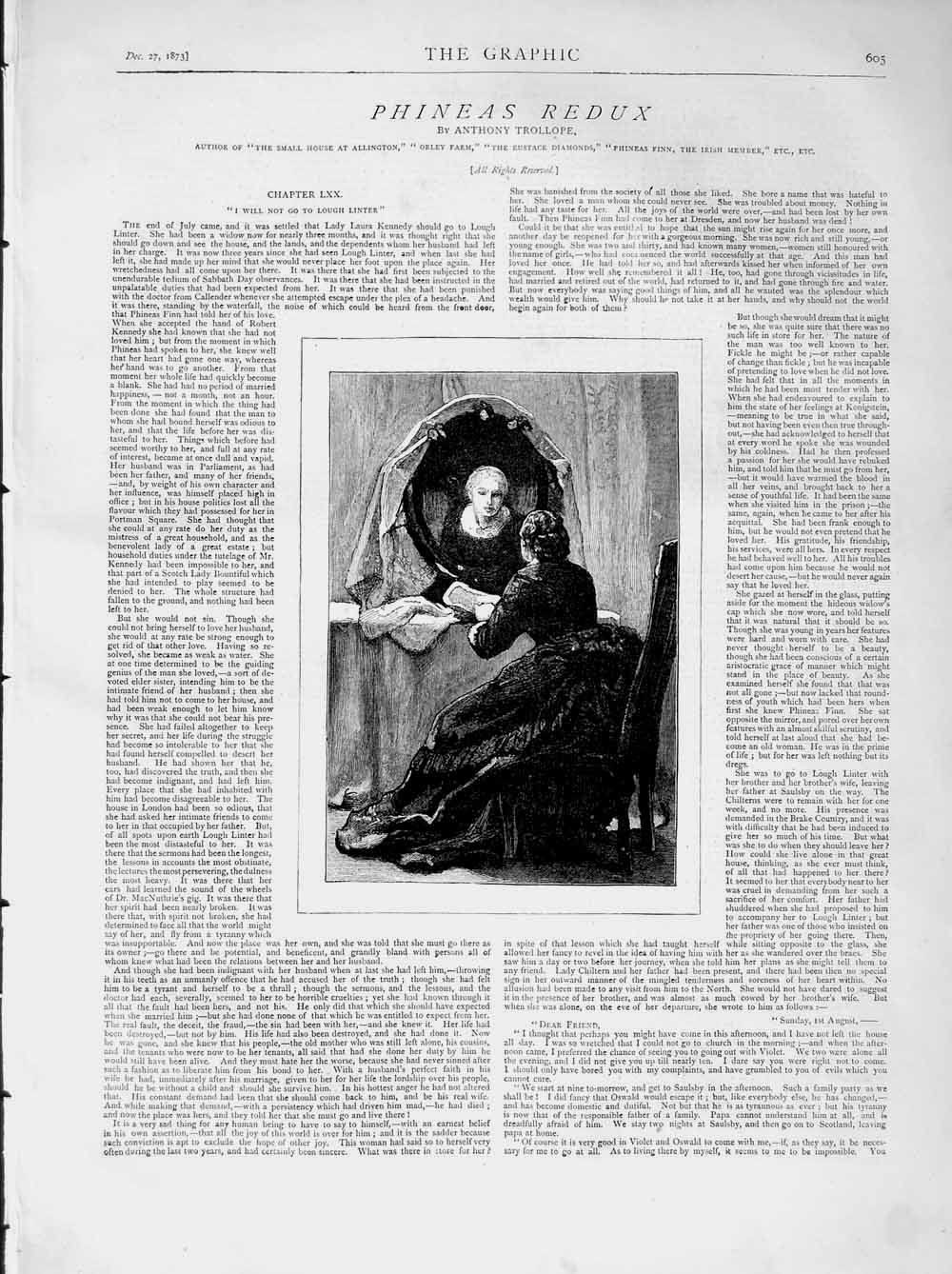 Original Old Antique Print 1873 Lady Mirror Chair Woman House 19th