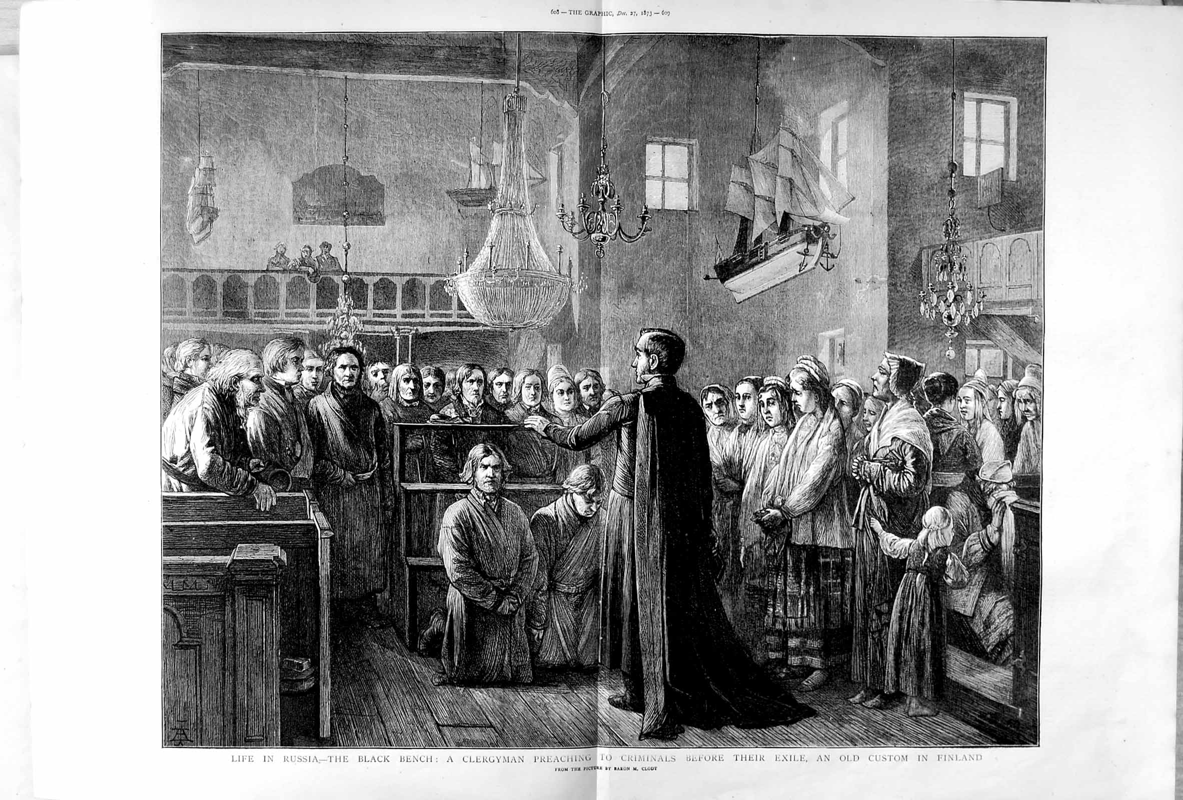 Original Old Antique Print 1873 Russia Black Bench Clergyman Finland Criminals