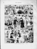 Old Antique Print 1873 Comedy Drawings Romance River Hunting Train Police 19th