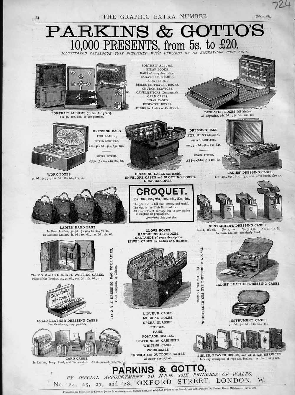Old Antique Print 1873 Advertisement Parkins Gottos Oxford Street London 19th