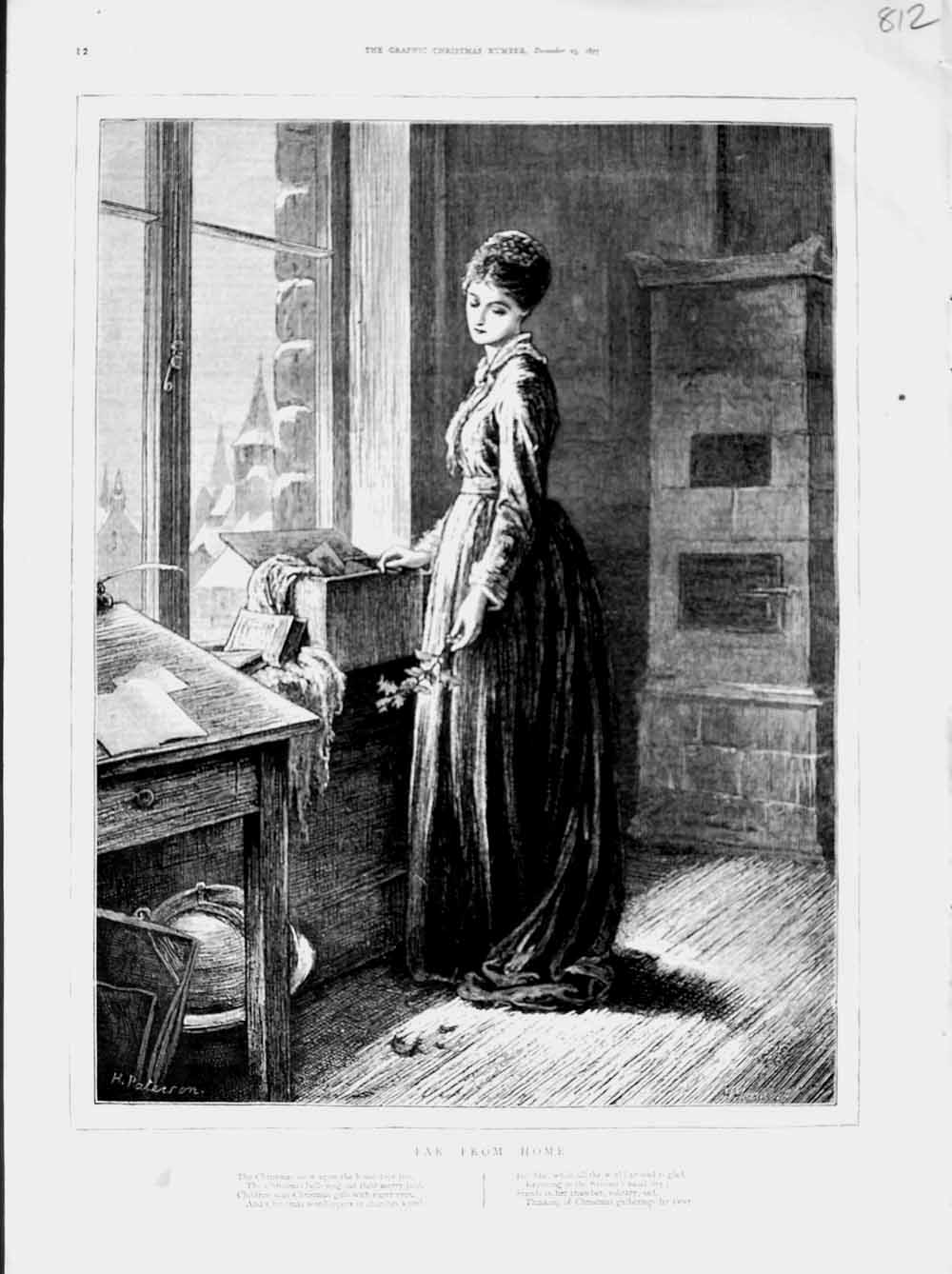Original Old Antique Print 1873 Christmas Lady Window House Holly Box Victorian