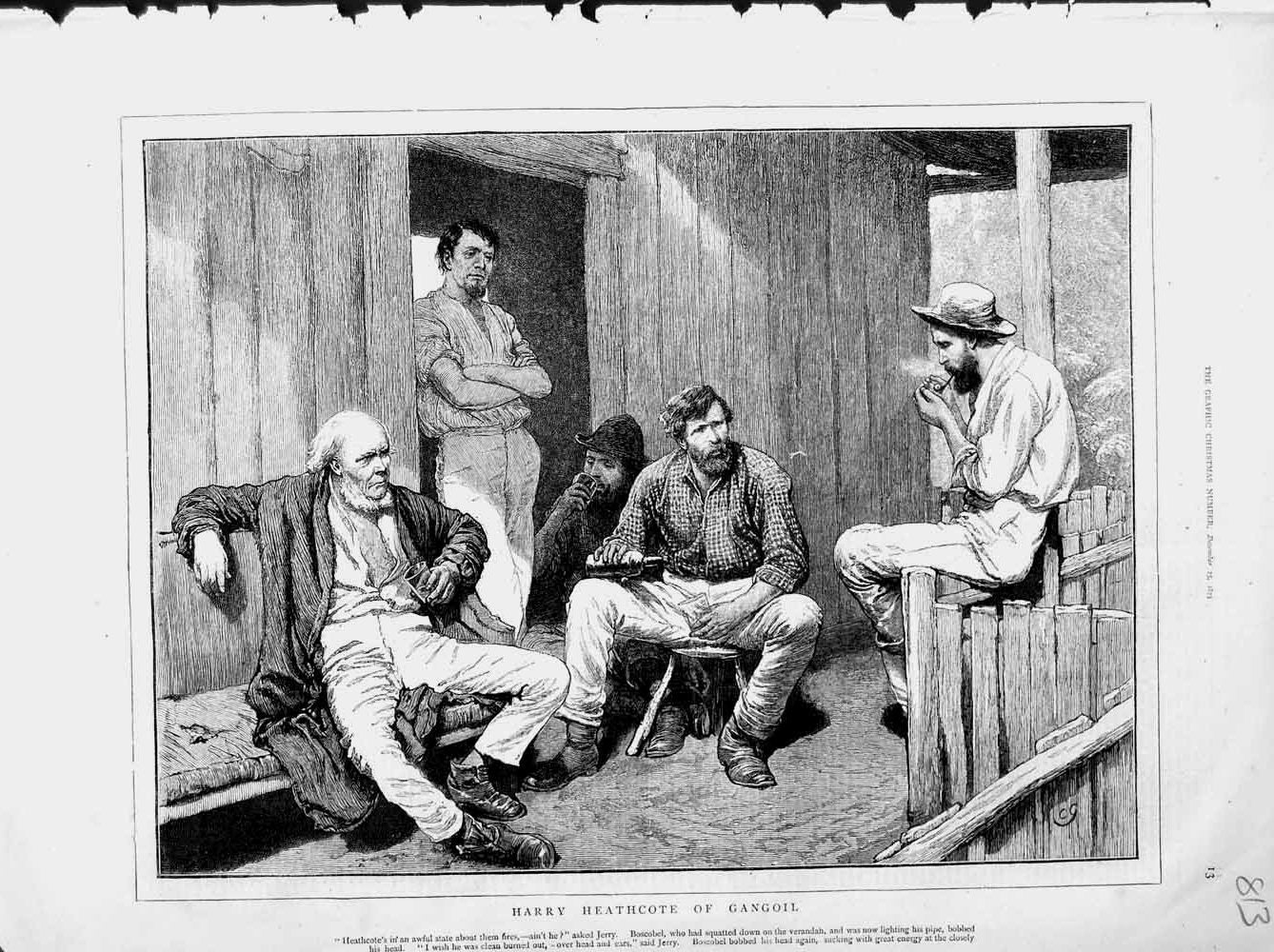 Old Antique Print 1873 Harry Heathcote Gangoil Men Smoking Drinking Party 19th