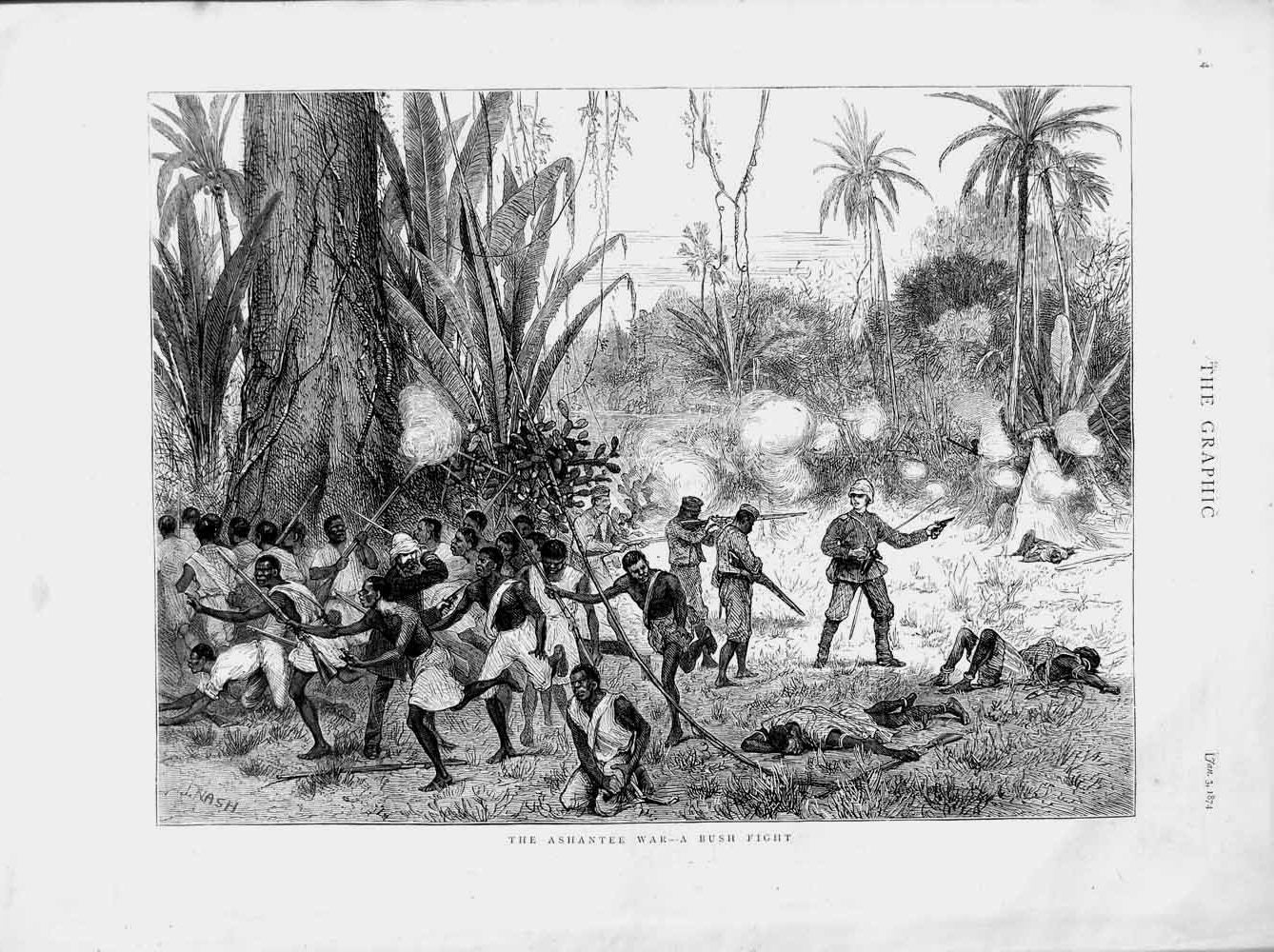 Original Old Antique Print 1874 Ashantee War Bush Fight Natives Siers Victorian
